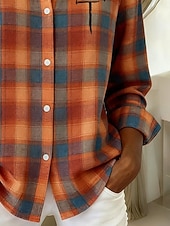 abordables Blusas Florales-Mujer Camisa Camisa con botones Camisa casual Blusa Botones Plaid Vintage Elegante Clásico Manga Larga Cuello Camisero Tops regulares Diario Festivos Noche Naranja Verano Primavera