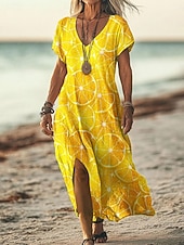 cheap Boho Dress-Women's Maxi Dress T Shirt Dress Tee Dress Sundress A Line Dress Vacation Casual Beach Going out Loose Fit Ombre Graphic Short Sleeve V Neck Blue Yellow Orange Summer Spring