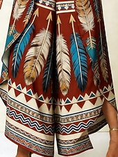 cheap Boho Pants-Women's Wide Leg Pants Trousers Casual Pants Vacation Casual Boho Full Length Medium Waist Graphic Feather Layered Asymmetric Comfort Soft Comfortable Inelastic Daily Outdoor Vacation Claret-red