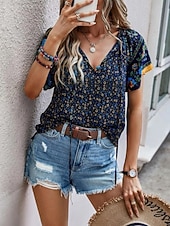 preiswerte Blumenblusen-Damen Bluse Druck Blumen Bohemien Vintage Lässig Kurzarm V Ausschnitt Normale Oberteile Täglich Ferien Ausgehen Blau Rote Braun Aprikose Sommer Frühling