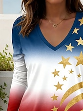  יום העצמאות האמריקאי בגדי ריקוד נשים חולצה קצרה טופ טי דפוס גראפי דגל מסוגנן קלסי יום יומי שרוול ארוך צווארון V חולצות רגילות יומי ליציאה סוף שבוע פול אודם אביב סתיו