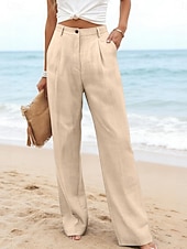 preiswerte Wesentliche Falsche Unterteile-Damen Kunstbaumwollleinen Weites Bein Freizeithose Sommerhose Urlaub Streetwear Basic Volle Länge Mittlere Taillenlinie Einfach Tasche Atmungsaktivität Bequem Unelastisch Täglich Outdoor Urlaub Blau