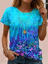 Χαμηλού Κόστους Floral μπλουζάκι-Γυναικεία Μπλουζάκι Στάμπα Φλοράλ Γραφική Φυτά Βίντατζ Στυλάτο Κλασσικό Κοντομάνικο Στρογγυλή Ψηλή Λαιμόκοψη Στρογγυλή Λαιμόκοψη Κανονικά μπλουζάκια Καθημερινά