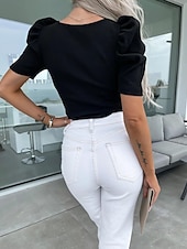 levne jednoduché tričko-Dámské Pletené topy s ripcí Elegantní stylové Sexy Krátký rukáv Nahoře nabírané Do V Běžné topy Denní Jdeme ven Černá Bílá Khaki Léto Jaro