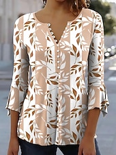 Χαμηλού Κόστους Floral μπλουζάκι-Γυναικείο T-Shirt  Φλοράλ Γραφικό Εξαιρετικό Στυλάτο 3/4 Μανίκι Στρογγυλός Λαιμός Κανονικά Τοπ Daily Έξοδος Ραφή Κουμπιά Μπλε Μωβ Πράσινο Χακί Καλοκαίρι Άνοιξη