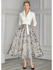  A-linje Ankellengde Gjestekjole til bryllup Formell kjole Aftenkjole Kjole til brudens mor 3/4 ermer Knaphul Elegant Årgang Formell Bryllupsgjest Semi-formelt Jacquard med Belte / bånd Sløyfe(r)