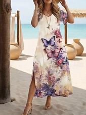 economico Abiti floreali-Per donna Abito Midi Vestito Estivo Abito a trapezio Vacanza Casual Boho A farfalla Vacanza Uscire Vestibilità regolare Floreale Grafico Arcobaleno Manica Corta Girocollo azzurro cielo Blu bianco
