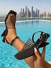 economico Sandali con tacco-sandali a rete neri da donna: eleganti scarpe con tacco a spillo e cinturino alla caviglia, perfette per le feste estive e le vacanze