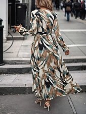 cheap Casual Floral Dresses-Women's Long Dress Maxi Dress A Line Dress Floral Dress Elegant Fashion Modern Daily Outdoor Vacation Regular Fit Floral Long Sleeve V Neck Red Brown Spring Fall