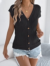 baratos Blusas Simples-Mulheres Tops de verão Blusa Patchwork Botões Tecido à moda Clássico Moderno Manga Curta Decote V Tops regulares Diário Feriado Para Noite Preto Branco Marron Cáqui Verão Primavera