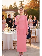 cheap Mom's Dress Sets-Sheath Column Dress Sets Ankle Length Party Dress Cocktail Dress Wedding Guest Dress Mother of the Bride Dress Sleeveless Long Sleeve Crew Neck Elegant Simple Formal Wedding Guest Chiffon with Solid