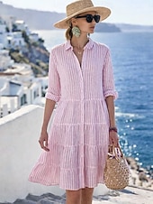 economico Vestito Semplice-Per donna Mini Abito Abito a Tubino Abito Estivo Casual Quotidiano Vestibilità regolare A righe Manica Lunga Bavero Blu Giallo Rosa Rosso Estate Primavera Autunno