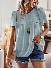 cheap Plain Blouses-Women's Summer Shirt Casual Shirt Blouse Lace Trim Solid Color Vacation Stylish Casual Short Sleeve Crew Neck Regular Tops Daily Beach Holiday Blue Black White Pink Red Summer Spring