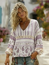  Γυναικεία Πουκάμισο Μπόχο πουκάμισο Λινό από ψεύτικο βαμβάκι Στάμπα Φλοράλ Λαχούρι Βοημία Βίντατζ Κλασσικό Μακρυμάνικο Λαιμόκοψη V Κανονικά μπλουζάκια Καθημερινά Αργίες Εξόδου Βυσσινί