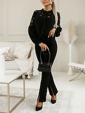 cheap Lace Tops-Women's Blouse Pleated Patchwork Solid Color Elegant Stylish Casual Long Sleeve High Neck Regular Tops Daily Black White Summer Spring Fall