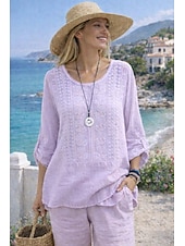 abordables Camisas-Mujer Camisa Algodón Compuesto Blusa Malla Plano Moderno Media Manga Cuello Barco Tops regulares Diario Festivos Noche Azul Piscina Blanco Amarillo Morado Caqui Verano