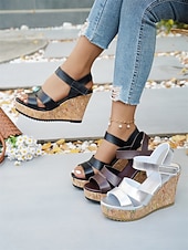 preiswerte Keilsandalen-Schwarze Keilsandalen mit Plateau aus Kork für Damen – bequeme, offene Riemchensandalen mit Absatz für den Sommer, ideal für Städtetrips, Sightseeing und Strandclubs. &amp;Aktivreisende