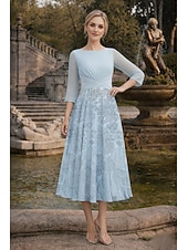 abordables Longitud del té-A-Line Dress Tea Length Wedding Guest Dress Mother of the Bride Dress 3/4 Length Sleeve Boat Neck Elegant Vintage Formal Wedding Guest Kentucky Derby Chiffon with Ruched Sequin Appliques