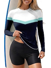 זול טנקיני וביקיני לגלישה-בגדי ריקוד נשים בגד ים מגן מפריחה בגדי ים טנקיני גיאומטרי חסימת צבעים 2חלקים רפידות נשלפות בוילג הגנה מפני השמש UV UPF50+ הגנת UV שרוול ארוך בגדי ים מגן מפריחה גלישה שייט בקאנו ספורט מים קיץ