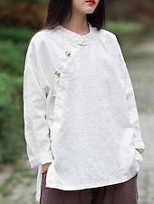 economico Collezione di Lino Premium-Camicia da donna a maniche lunghe con colletto alla coreana in lino biologico