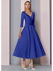 preiswerte Cocktailkleider-A-Linie Tee-Länge Cocktailkleider Partykleider Elegant Vintage Übergröße Dreiviertelarm V Ausschnitt Hochzeitsgast Satin mit Falten