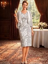 cheap Mom's Dress Sets-Two Piece Sheath Column Tea Length Wedding Guest Dress Mother of the Bride Dress 3/4 Length Sleeve V Neck Elegant Vintage Formal Wedding Guest Chiffon Lace Jacket Dresses with Lace Cascading Ruffles