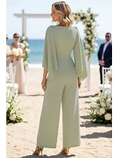 cheap Mom's Jumpsuits-Jumpsuits Floor Length Wrap Dress Mother of the Bride Dress Long Sleeve Boat Neck Elegant Minimalist Formal Wedding Guest with Bandage Solid Color