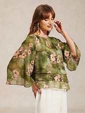  Femmes Chemisier transparent Hauts en mousseline de soie À lacets Fleuri Élégant Manche 3/4 Manche cloche Col ras du cou Quotidien robe demoiselle d honneur Vert mousse Été Printemps Automne