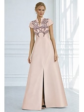 cheap A-Line Evening Dresses-A-Line Floor Length Beaded Eembroidered Formal Dresses Mother of the Bride Dress Evening Gown Formal Dress Elegant Sparkle Silky Short Sleeve V Neck Wedding Formal Pocket Satin Cowl Back with Glitter
