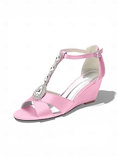 cheap Women-Women's Pink Satin Crystal Wedge Sandals – Elegant Dressy Style for Resort Evenings