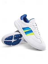 cheap Men's Golf Shoes-Men's White Golf Sneakers, Athletic Lace-Up Design with Color Stripe Detail, Shock-Absorbing Sole, Modern Sport Style for Golf Courses
