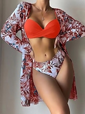 Χαμηλού Κόστους Σετ μπικίνι 3 τεμαχίων-Γυναικεία Μαγιό Μπικίνι Τρία κομμάτια Προκλητικό Μαγιό Λεπτό Εξώπλατο Διακοπές Ρούχα παραλίας Φλοράλ Φύλλα Λαιμός Αμάνικο Μαγιό