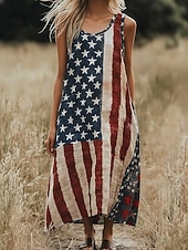 preiswerte Unabhängigkeitstag Kleid-Damen Maxikleid Freizeitkleid Unterkleid Mode Basic Modern Täglich Outdoor Strand Normale Passform Amerikanische Flagge Sternenbanner Ärmellos Rundhalsausschnitt V Ausschnitt Blau Sommer Frühling