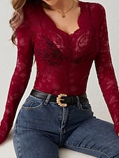 economico Top in Pizzo-Per donna Blusa Top in pizzo Pizzo Floreale Semplice Elegante Sexy Moderno Manica Lunga Scollo a V Top Regolari Quotidiano Ferie Uscire Blu Nero Bianco Vino Verde Estate Primavera Autunno Inverno