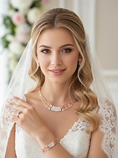 ieftine Nuntă ACC-Set de bijuterii placate cu aur pentru femei, format din 4 piese - colier, cercei, brățară cu strasuri geometrice &amp;inel, accesorii de mireasă de lux pentru nunți &amp;evenimente de petrecere