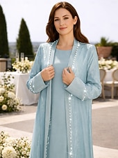 baratos Sety šatů pro maminky-Two Piece A-Line Floor Length Wedding Guest Dress Mother of the Bride Dress Long Sleeve Boat Neck Elegant Simple Luxurious Formal Satin Organza with Crystals