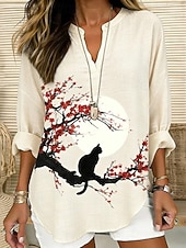 preiswerte Kunst &amp; Design Blusen-Damen Bluse Gerafft Bestickt Druck Ombre Grafik Geometrisch Vintage Tropisch Hawaiianisch Langarm V Ausschnitt Lange Oberteile Täglich Ferien Urlaubskleidung Blau Weiß Beige Sommer Frühling