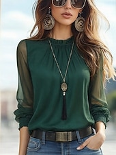 cheap Plain Blouses-Women's Popover Shirt Dress Shirt Blouse Patchwork Mesh Solid Color Elegant Vintage Stylish Long Sleeve Stand Collar Regular Tops Daily Outdoor Streetwear Green Spring Fall