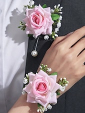 cheap Wedding Accessories-Women's Bridesmaid and Groomsman Corsage and Boutonniere Set, Available in Multiple Colors, Polyester Material, Perfect for Weddings and Parties