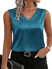 preiswerte Schicke Blusen-Damen Elegant Satin-Top T Shirt Seiden-Oberteile Patchwork Einfarbig Elegant Vintage Mode Ärmellos V Ausschnitt Normale Oberteile Täglich Ausgehen Wochenende Blau Silber Weiß Rote Purpur Sommer