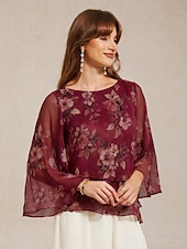 abordables Blouses Florales-Femmes Chemisier Hauts en mousseline de soie À lacets Fleuri Élégant Manche 3/4 Manche cloche Col ras du cou Hauts Réguliers Quotidien robe demoiselle d honneur Fête Vin Été Printemps Automne