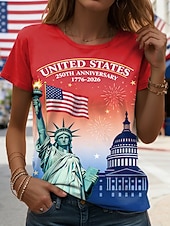 Maglietta patriottica da donna per il Giorno dell'Indipendenza grafica lettera bandiera vintage elegante casual maniche corte colletto a crew tops regolari stampa quotidiana blu bianco rosso estate