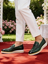 billige Loafers-Grønne herresko i skinn, elegant slip-on-design, komfortabel polstret såle, stilig, avslappet utseende for bryllup, fester og hverdagsbruk