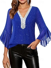 baratos Blusas Elegantes-Mulheres Blusa Tops de lantejoulas Patchwork Bloco de cor à moda Moderno Manga 3/4 Sino Decote V Tops regulares Diário Feriado Para Noite Azul Preto Vermelho Verde Verão Primavera