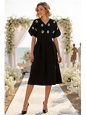 cheap Semi-formal / Cocktail-A-Line Tea Length Party Dress Cocktail Dress Wedding Guest Dress Wedding Guest Dresses Elegant Vintage Daily Short Sleeve V Neck Wedding Church with Pleats