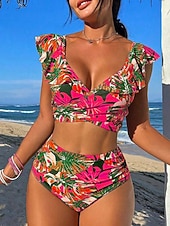 tanie Zestawy bikini-Damskie Stroje kąpielowe Bikini 2 szt Wysoka talia Kostium kąpielowy Falbana Szczupła Odkryte plecy Urlop Stroje plażowe Kwiaty Tropikalny W serek Bez rękawów Kostiumy kąpielowe