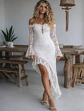 economico Vestito Semplice-Per donna Abito maxi Tubino Elegante Festa cocktail All'aperto Feste Matrimonio Pizzo Volant Patchwork Vestibilità regolare Tinta unica Manica Lunga Senza Spalle Nero Bianco Rosso