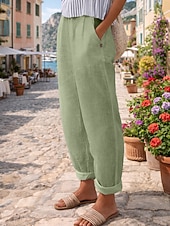 baratos Calças de Luxo-Mulheres Calças de linho de algodão chinês Calça verão Calças Férias Roupa de rua Básico Comprimento total Cintura Média Tecido Bolsos Confortável Conforto Respirável Sem Elasticidade Diário Ao ar