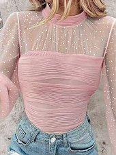 Χαμηλού Κόστους Επίσημες Μπλούζες-Γυναικεία Πουκάμισο Μπλούζα Κουρελού Δίχτυ Σκέτο Κομψό Στυλάτο Μακρυμάνικο Ζιβάγκο Κανονικά μπλουζάκια Καθημερινά Αργίες Εξόδου Μαύρο Λευκό Ανθισμένο Ροζ Καλοκαίρι Άνοιξη