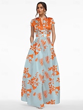 cheap A-Line Evening Dresses-A-Line Floor Length Evening Gown Formal Dress Elegant Silky Short Sleeve V Neck Wedding Formal Satin with Floral Print